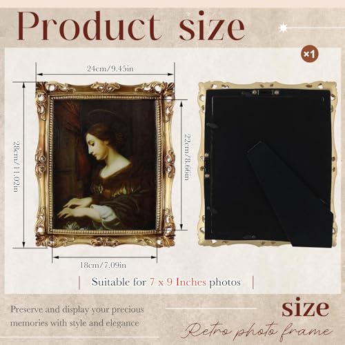 Image of Wonderjune 7x9 Inch Vintage Gold Picture Frame, Carved Resin Antique Ornate Frame for Tabletop or Wall Hanging Display, Victorian Baroque Home Decor(Rectangle)