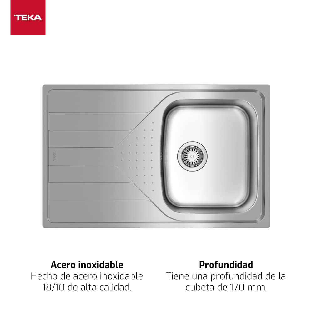 TEKA Fregadero Encastrado 1 Cubeta con Escurridor Izquierda, Acero Inoxidable Pulido, Profundidad 170 mm, Mueble 45 cm, Válvula Manual con Canasta y Sifón, Universe 45 T-XP 1C 1E