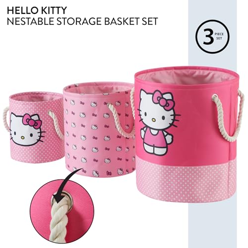 Image of Sanrio Hello Kitty 3 Piece Fabric Storage Basket Set, Pink Nestable Toy Storage Bins with Rope Handles - Kids Bedroom & Nursery Organizer