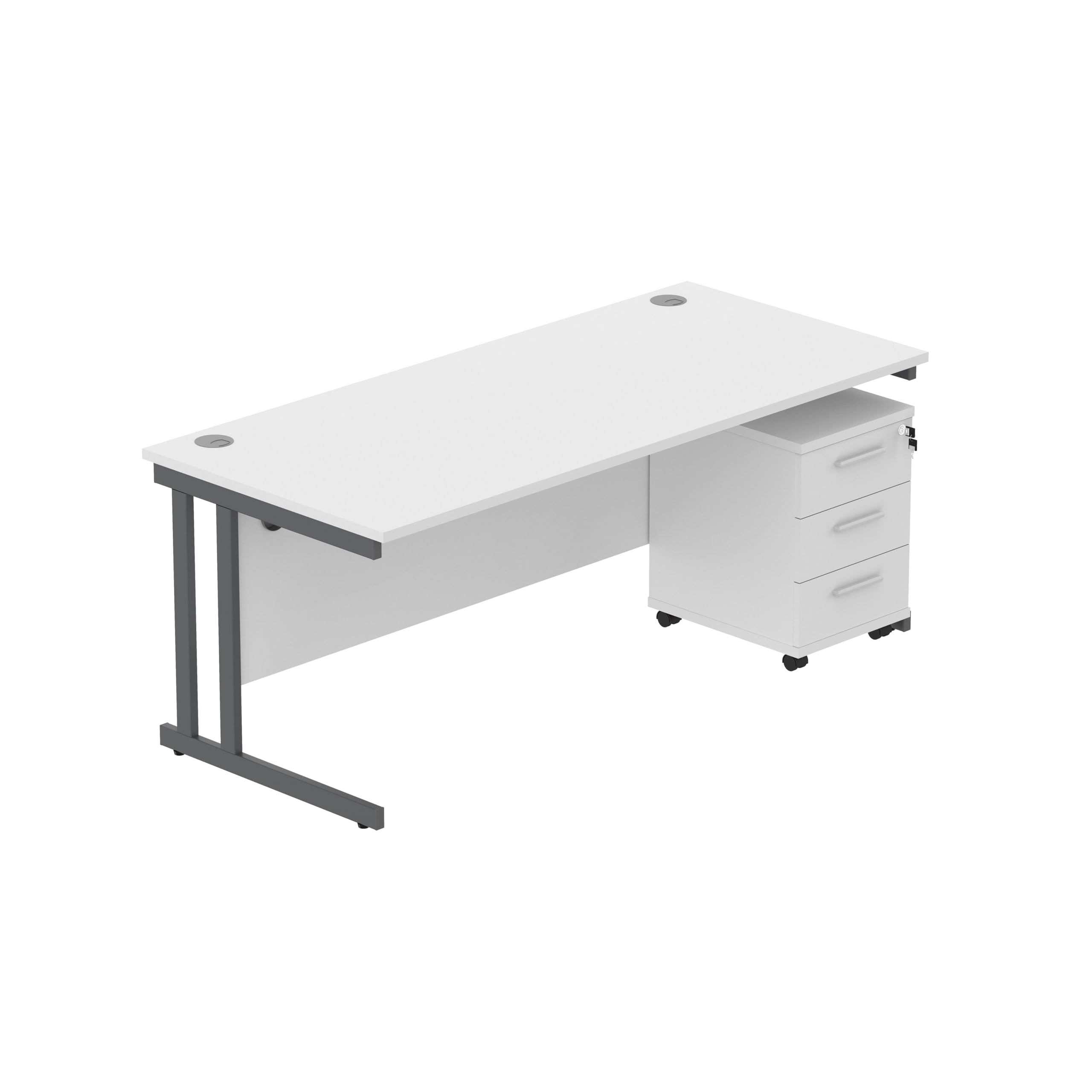 Office Hippo Heavy Duty Contract Grade Office Desk Workstation and Lockable 3-Drawer Pedestal Set, 120kg Weight Tolerance, 5-Year Warranty, FSC Certified, Arctic White, Graphite Legs, 1600 x 800mm