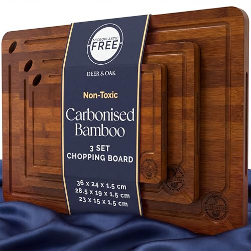 Deer & Oak Juego de 3 tablas de cortar de bambú carbonizado, preaceitadas, con orificio para colgar, tecnología 260°C, tablas de cocina y servicio para embutidos y quesos