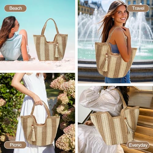Image of Long Keeper Women Straw Beach Bag Large Weave Tote Bags Summer Boho Shoulder Bag Woven Handbag for Travel Vacation Shopping