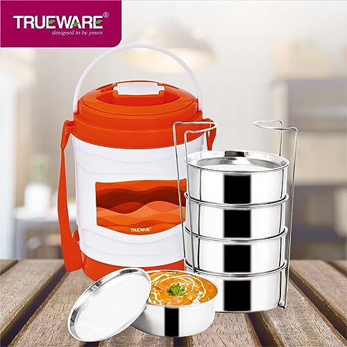 Image of Trueware Marina 5 Lunch Box with 5 Steel Container, 300 ml X 5 Orange | PU Insulated | Tiffin | Hot Lunch Box | Leak Proof | Easy to Carry | Food Grade | BPA Free | Office | Outdoors | for Men Women