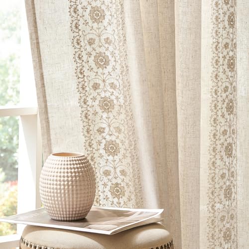 jinchan Weslie Boho Curtains for Bedroom Ivory Vintage Floral Farmhouse Curtains 84 Inches Long Linen Drapes for Living Room Embroidered Light Filtering Drapes Rod Pocket Ivory on Beige 2 Panels