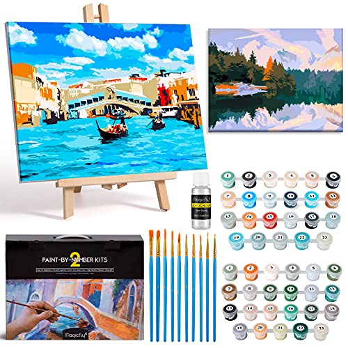 Magicfly Paint by Numbers with Frame and Free Table Easel, 2 Pack | 11'' x 14'' | Paint by Numbers Kit with Stretched Canvas, 48 Acrylic Paint Tubes, 10 Paint Brushes and Palette, for Adults& Beginne