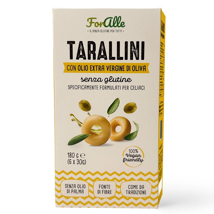 For Alle Gluten-Free Tarallini with Extra Virgin Olive Oil, 6x1.05 oz (6.34 oz) – Traditional Italian Pugliese Snack. Oven-Baked. Vegan. Cholesterol-Free. (Pack of 1)