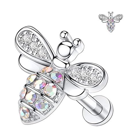 hengkaixuan 316L Surgical Steel Internally Threaded Labret Studs Bee Shape Flat Back Labret 8mm Monroe Piercing Lip Studs Silver Helix Cartilage Tragus Conch Earring Women Girls Piercing Jewelry Cover
