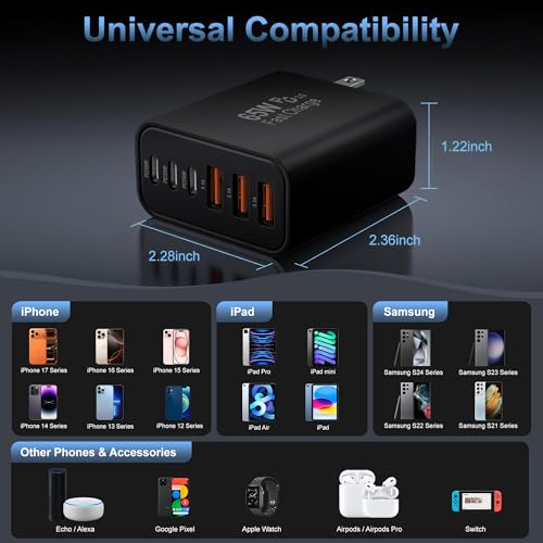 Image of 65W USB C Charger Block,6-Port Multi Device Fast Charger PD QC Wall Adapter | GaN technology saves space and reduces heat,ideal for home,office,travel,wide compatibility for iphone and USBC devices(Black
