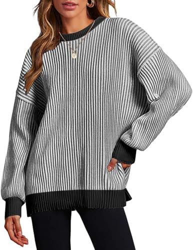 Image of Zeagoo Women 2026 Fall Lightweight Oversized Sweater Crew Neck Long Sleeve Color Block Pullover Rib Knit Blouse Tops XS-2XL