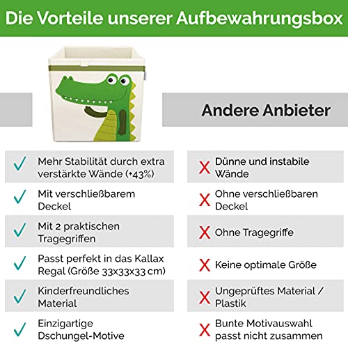 GLÜCKSWOLKE Aufbewahrungsbox Kinder - 15 Motive I Spielzeugkiste mit Deckel für Kinderzimmer I Spielzeug Box Krokodil (33x33x33) zur Aufbewahrung im Kallax Regal I coole Dschungel Spielkiste