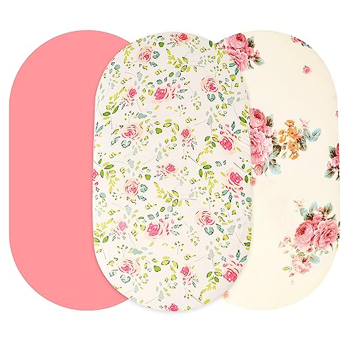 Image of Bassinet Sheets 3 Pack, Fit for Bassinet Swivel Sleeper, Universal Sheet for Rectangle, Oval, Hourglass Bassinet Mattress, Pink Flowers Bassinet Crib Sheets