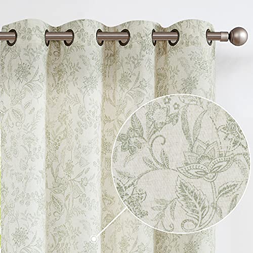 Lazzzy Cortinas de lino para sala de estar, 201 cm de largo, con estampado semirfloral para ventana, cortinas para dormitorio, filtro de luz de campo, ojales superiores, 2 paneles verde sobre beige