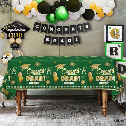 Image of KatchOn Graduation Decorations 2026, Green, Gold Graduation Tablecloth - XtraLarge 54x108 Inch, Pack of 3 | Green Table Cloths | Graduations Table Decorations 2026, Grad Party Supplies