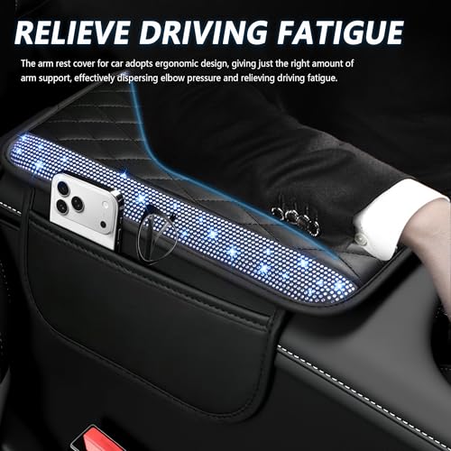 Image of Stacool Upgraded Car Center Console Cover with Rhinestones,Microfiber Leather Car Armrest Cover Cushion with 2 Storage Bags,Universal Cars Armrest Storage Box as Cars Interior Accessories