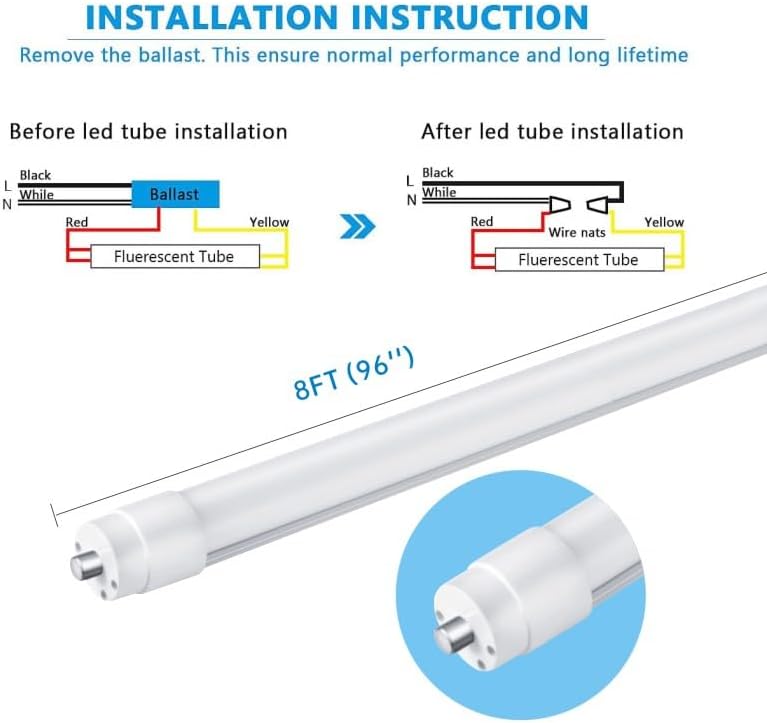 T8 8FT LED Tube Light, 8 Foot T8 LED Tube Light Single Pin FA8 Base, Ballast Bypass 50W 6750LM, 6500K Cool White, Frosted Cover (Replace 150W LED Flourescent Bulbs) Dual - Ended Power AC100-277V 4PACK