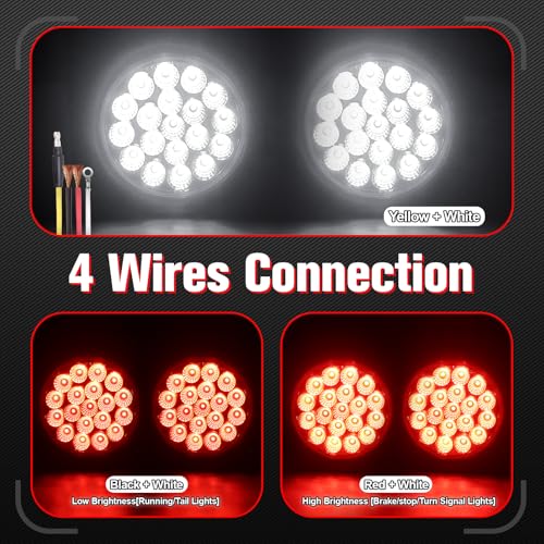 Image of 2PCS 4 Inch 19LED Red+White Round Led Trailer Tail Lights,Brake Stop Turn Signal Light w /Grommets,12V,IP67 Waterproof,3-Prong Wire Pigtails