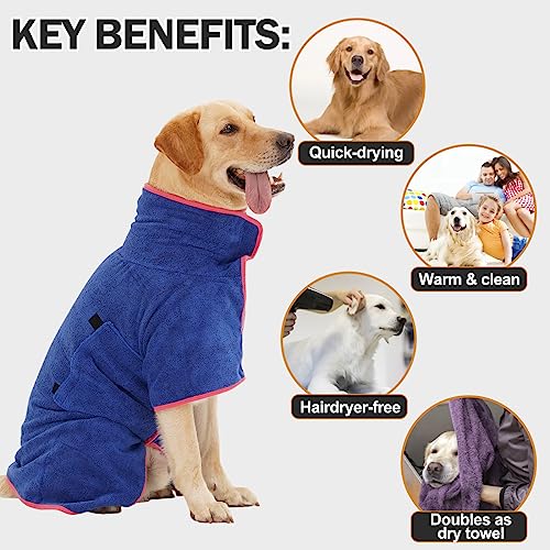 HezzLuv Bademantel für Hunde, Hundebademantel aus Mikrofaser für mittlere und große Hunde, super saugfähiger Haustier Trockenmantel, ganzjahres schnell trocknendes Handtuch (Blau,L)