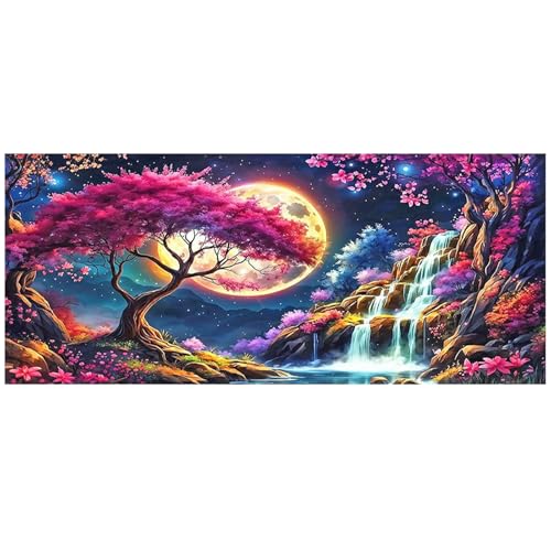 JISHSHAY Diamond Painting Grand Format 110×50cm Paysage Peinture Diamant Painting Diamond Art ‌Cascade Broderie Diamant Cerisier Puzzle Lune Point de Croix...