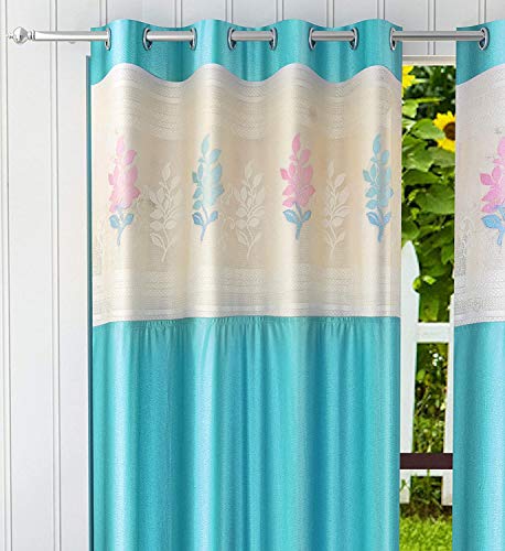 Image of Polyester Floral Patch Printed Curtains for Home Decor, Windows, and Long Door (Set of 2 Pcs) (Aqua 7 Feet)