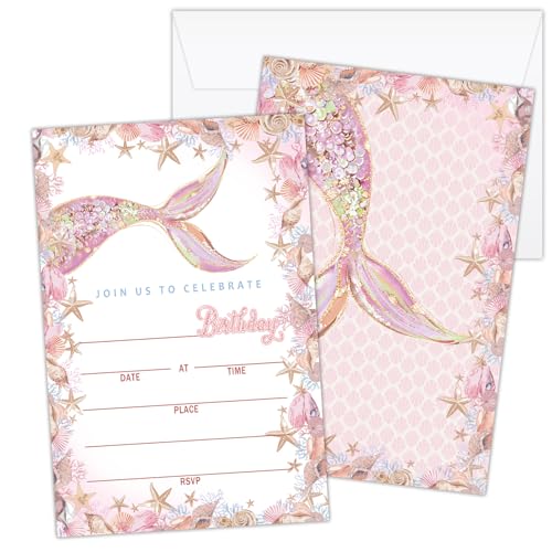 Zgogy Pink Mermaid Birthday Party Invitations Birthday Invitations Cards with Envelopes Celebration Invites Cards (20 Pack) Party Favors Decorations and Supplies -22