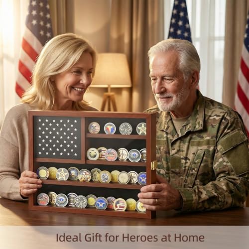 Image of Challenge Coin Display Case, Military Coin Holder Display with American Flag Design & Hidden Storage Compartment, Wooden Challenge Coin Wall Display for 46 Coins, Coin Holder for Collectors-Brown