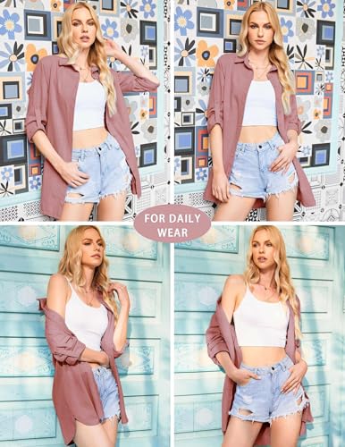Image of HOTOUCH Women Boyfriend Shirts Button Down Long Sleeve Blouse Cuffed Sleeve Collared Shirt