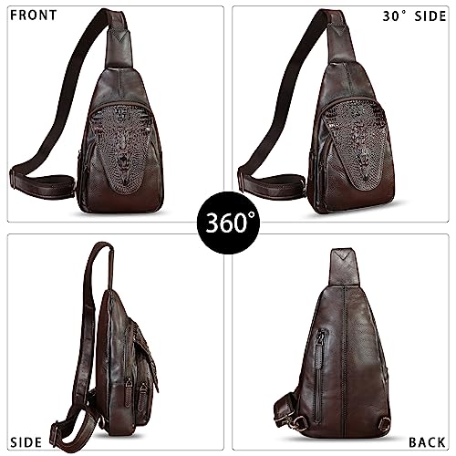 Image of Genuine Leather Sling Bag Embossed Crocodile Pattern Leather Crossbody Sling Backpack Handmade Chest Purse Daypack (Coffee)