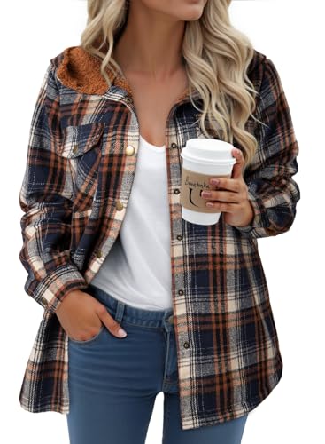 Dokotoo Womens Plaid Shacket Jacket Long Sleeve Button Down Fleece Hooded Jackets Warm Coat