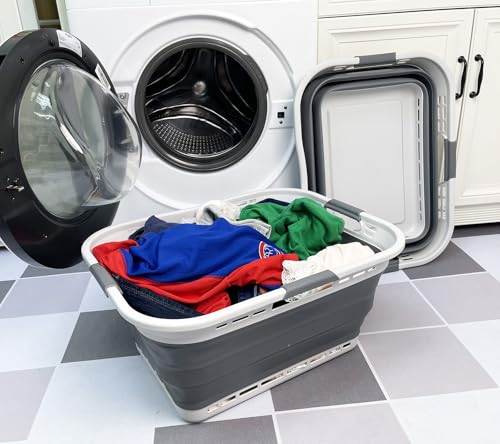 Image of SAMMART 42L (11 Gallon) Set of 2 Collapsible Plastic Storage Basket - Foldable Pop Up Storage Container - Portable Laundry Organizer - Space Saving Hamper (Grey /Steel Grey, 42L (Style A))