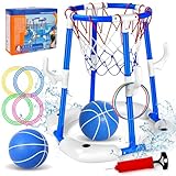 Beeoecm Pool Basketballkorb, 2-in-1 Wasser Basketballkorb Pool für Kinder Erwachsene mit 2 Bällen, 12 Ringen und Pumpe, Schwimmender Basketball Korb Hoop für Wasserspielzeug Sommer-Poolparty