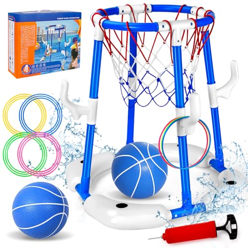 Beeoecm Pool Basketballkorb 2-in-1 Wasser Basketballkorb Pool für Kinder Erwachsene mit 2 Bällen 12 Ringen und Pumpe Schwimmender Basketball Korb Hoop für Wasserspielzeug Sommer-Poolparty