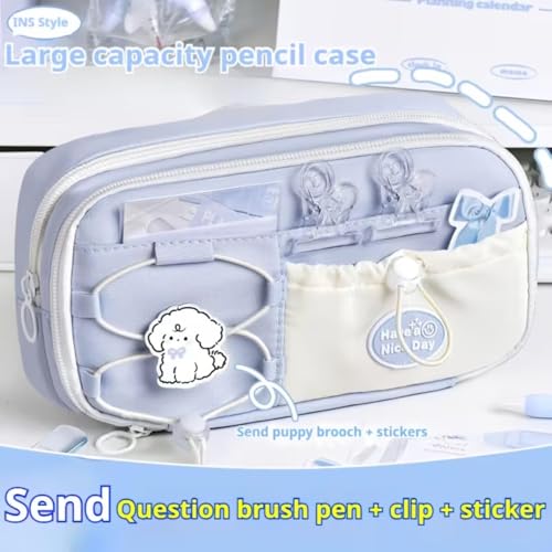 Image of Pencil Pouch for Girls - Aesthetic Multi-Compartment Zipper Pouch with Drawstring Pocket, Cute Kawaii Pencil Case, Stylish Stationery Pouch, Return Gift for Kids & School Use (Nice Day Blue)