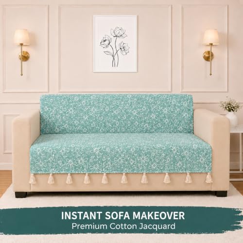 Image of STITCHNEST 'Verdant Phool Stories' 2 Seater Sofa Cover - Full Coverage| Elegant Jacquard Fabric, Decorative Tassels, Washable & Durable for Modern Living