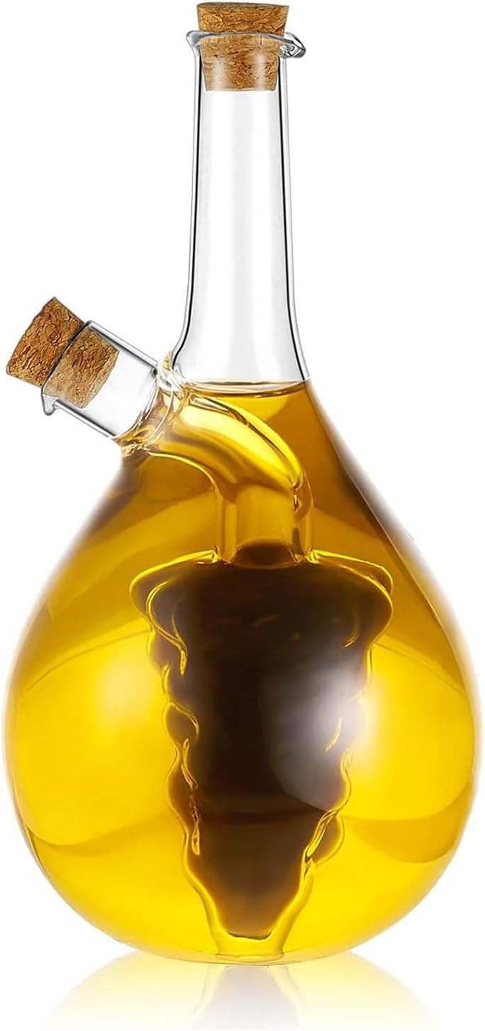 Oil and Vinegar Dispenser, 2 in 1 Glass Olive Oil and Vinegar Cruet Dispenser Bottle, Kitchen Olive Soy Sauce Dispenser Double Pourer Spout for Kitchen Cooking Container