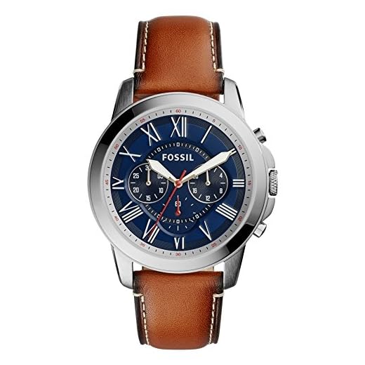 Fossil Reloj para hombre Grant, movimiento cronógrafo de cuarzo, caja de acero inoxidable plateado de 44 mm con correa de piel, FS5210