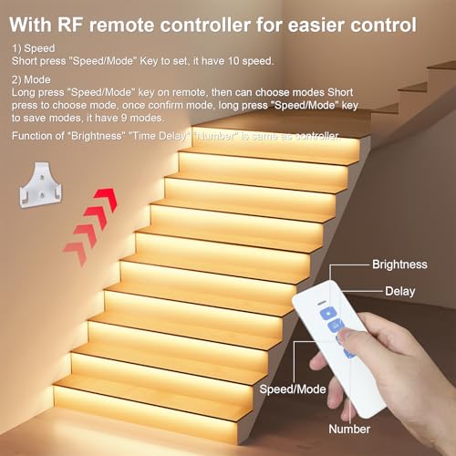 Image of Intelligent Motion Sensor LED Stair Light Kit with Main Wire& Daylight Sensor, Step by Step Control 47.2 Inches Cuttable LED Strip Lights Indoor with Remote (16 Stairs,3000K)