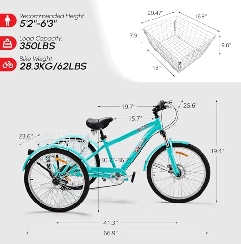 Pexmor Mountain Adult Tricycle 7-Speed, 3 Wheel Bikes Tricycle For Adults W/Large Basket & Disc Brake, 24/26 Inch Adult Trike Cruiser Bike For Women/Men/Seniors Shopping/Recreation/Picnic thumb #8