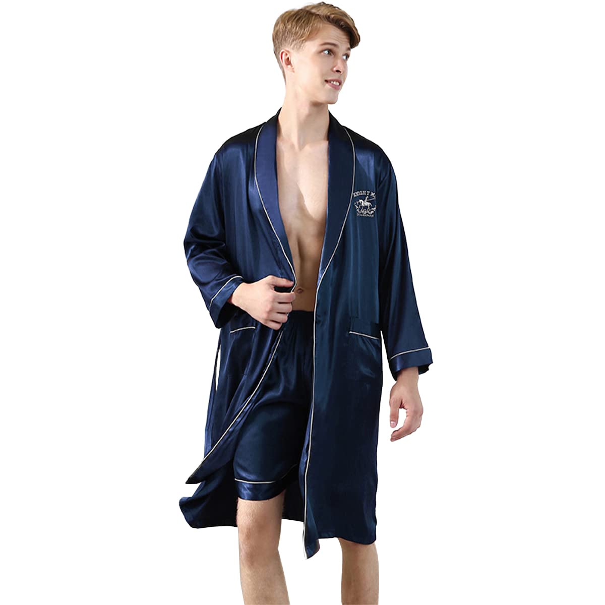 Kanu Surf Bathrobe, Nightgown, Men's Nightgown, Mulation Silk Pajamas, Long Sleeve Bathrobe, Pajamas, Nightwear, Top and Bottom Set, Room Wear, Sleepwear, Gentle Texture, Bathrobes for Spring and L navy