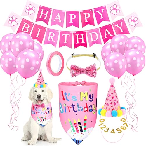 HOOWDAMYペット 誕生日帽子 犬 バースデー 飾り付け ペット 犬 猫 誕生日 数字付き おしゃれ 帽子 蝶ネクタイ バンダナ 風船 誕生日グッズ 誕生日 記念日 バナー パーティー飾り (ピンクの風船セット)