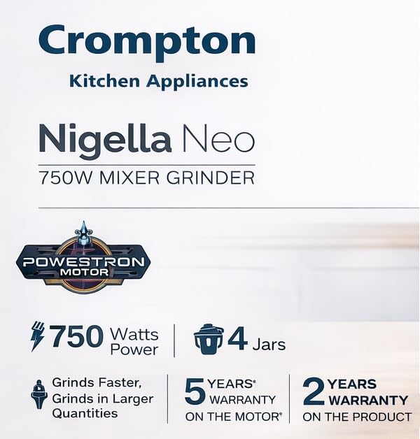 Image of Crompton Nigella Neo 750W Mixer Grinder with Powertron Motor | 4 Stainless Steel Jars | Hands-Free Blending | Multi-Purpose Grinding, Blending & Smoothie Maker