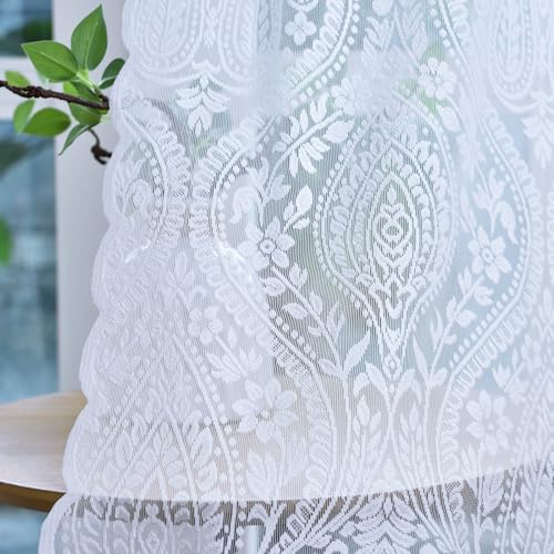 Kotile White Lace Curtains 63 Inch Length 2 Panels Set, Damask Medallion Patterned Boho Sheer Curtains for Bedroom, Rod Pocket Privacy Rustic Paisiey Floral Lace Window Drapes, 52 x 63 Inch, White