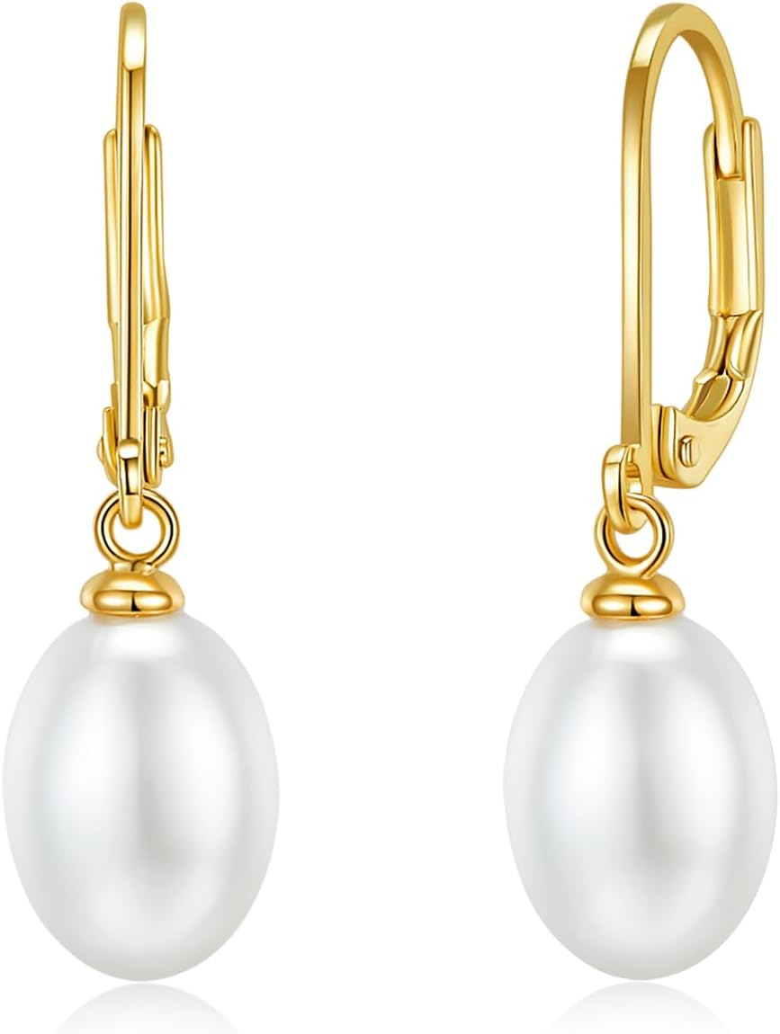 14K Gold Plated Earrings | Sterling Silver Post | AAA+ Quality Simulated Shell Pearl Leverback Dangle | Gold Silver Dangle Earrings For Women | Teardrop Oval Shape
