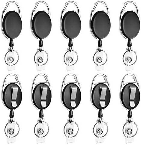 Retractable Badge Reel with Carabiner Belt Clip and Key Ring for ID Card Key Keychain Badge Holder Black 10 Pack by NATUREBELLE