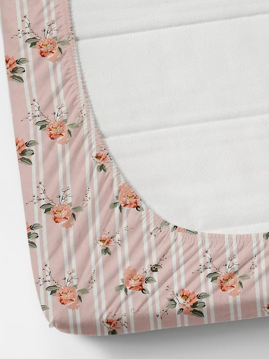 Image of 380 TC Premium Glace Cotton Elastic Fitted Bedsheet King Size with 2 Pillow Covers King Size | Double Bed with All Around Elastic (Rose Flower, Fitted - 72 inchx78 inch King)