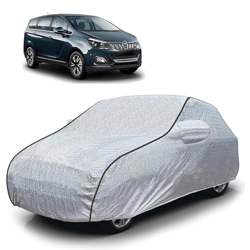 Image of Sulfar 100% Waterproof Car Body Cover Compatible with Mirror for Mahindra Marazzo (Triple Stitched, Full Bottom Elastic, Magic Silver with Black Piping)