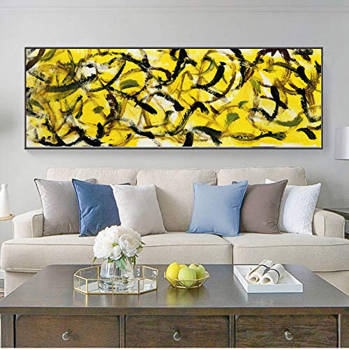 Tableau moderne pour salon : art abstrait sur toile jaune et noire 50x150cm