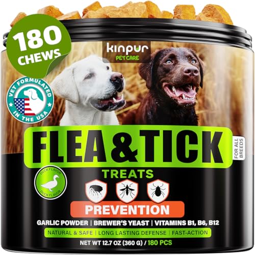 Flea and Tick Prevention Chewable for Dogs - No Collars, No Mess - Easy Help with Flea and Tick for Dogs - American Quality - for All Breeds and Ages - Duck-Flavored Treats - 180 Chews