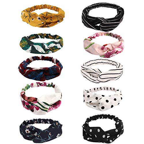 AOPRIE 10 Pcs Boho Headbands for Women Hair Bandanas for Women Fashion Headbands for Women Knotted Headbands for Women Vintage Cross Elastic Hair Bands