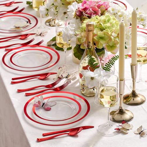 By Madee HEAVYWEIGHT 150 PC Christmas Plastic Plates and Cutlery | Clear and Red Christmas Dinnerware Set | Fancy Disposable Plates for Weddings, Birthdays & Holiday (25 Guests) – Image 5