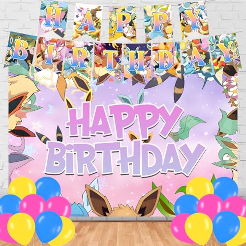 Eevee Cartoon Happy Birthday Backdrop The Evolution Banner Poster for Anime Theme Party Decorations Birthday Supplies Background Studio Shoot Photo Props Booth